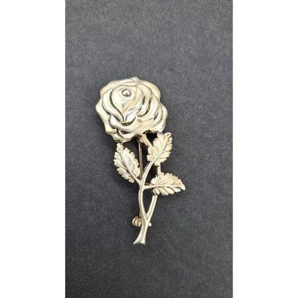 Vintage Sterling Silver Rose Brooch Pin Detailed Floral Design Floral Statement - Picture 2 of 9